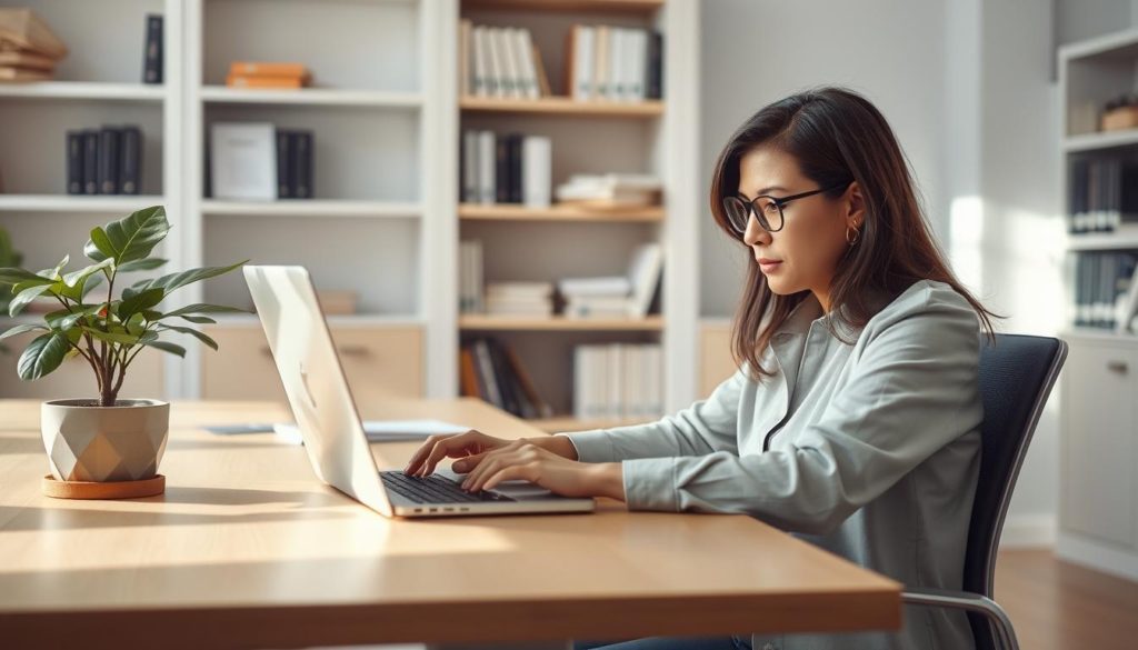 A serene office setting with a sleek, modern desk, a potted plant, and a laptop computer. In the foreground, the hands of a focused worker, typing with a thoughtful expression. Soft, natural lighting illuminates the scene, creating a sense of calm productivity. In the background, shelves lined with books and papers, hinting at the depth of knowledge and experience that informs the person's work. The overall atmosphere is one of focus, efficiency, and a harmonious balance between cognitive and interpersonal skills.